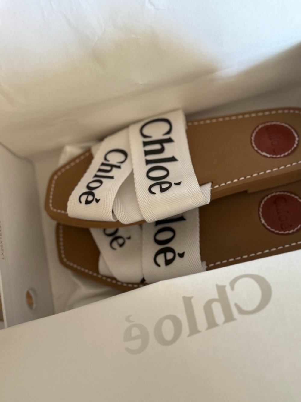 White and Tan Logo Strap Slide Sandals